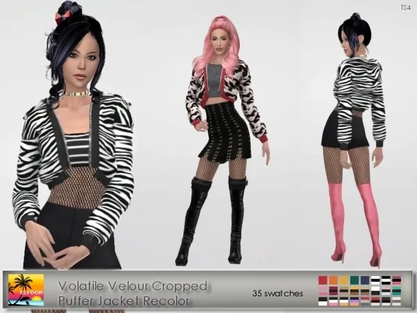 Alpha Volatile Velour Cropped Puffer Jacket Recolor by elfdor - The Sims 4 Custom Content