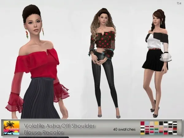 Alpha Volatile Asha Off Shoulder Blouse Recolor by elfdor - The Sims 4 custom content