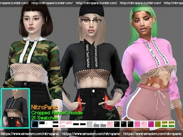 Alpha Cropped Fishnet Hoodie by nitropanic - The Sims 4 custom content