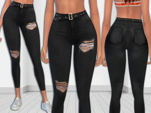 Alpha Black Realistic Ripped Jeans with Leather Belt - The Sims 4 Custom Content