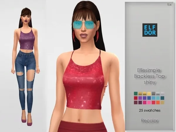 Alpha Elliesimple Backless Top Recolor shiny by elfdor - The Sims 4 Custom Content