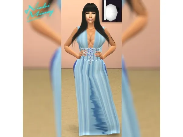 Alpha NICKI MINAJ The Blonds Spring 2011 Blue Chiffon Beaded Dress with some Custom Blue Thighs and a pair of Rhinestoned - The Sims 4 Custom Content