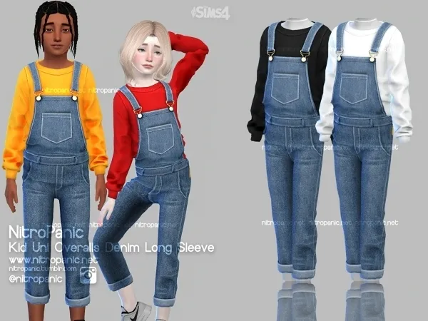 Alpha Kid Uni Overalls Denim Long Sleeve by nitropanic - The Sims 4 Custom Content