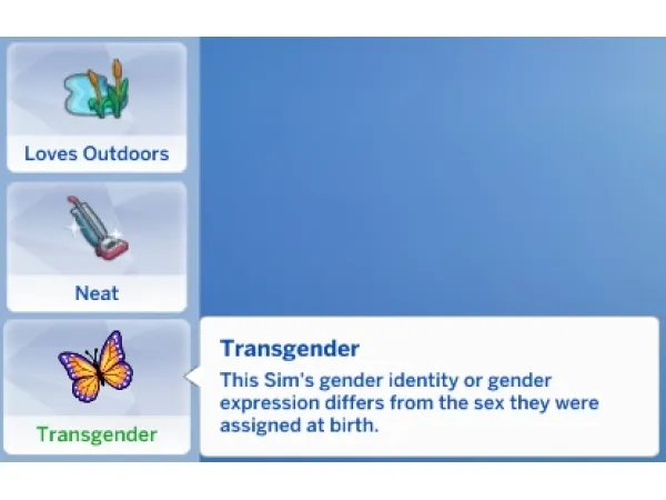 Maxis Match Transgender Trait by simsfinds - The Sims 4 Custom Content