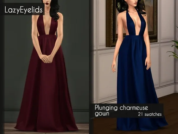 Alpha Plunging charmeuse gown by lazyeyelids - The Sims 4 Custom Content