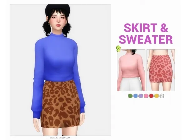 Maxis Match LEOPARD MINI SKIRT MOCK NECK SWEATER by casteru - The Sims 4 Custom Content
