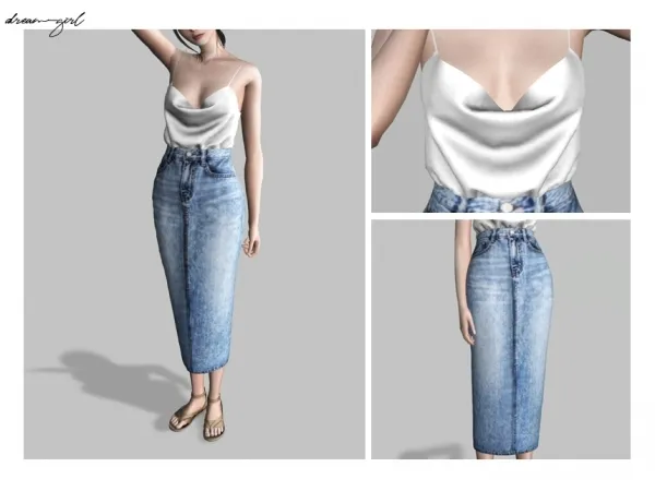 Alpha [ d r e a m g i r l ] loose satin top long denim skirt by dreamgirl - The Sims 4 Custom Content