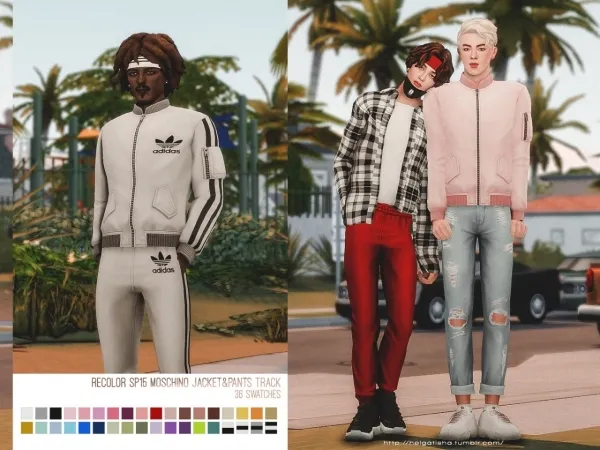 Maxis Match [helgatisha] Recolor SP15 Moschino JacketPantsTrack by simsfinds - The Sims 4 Custom Content