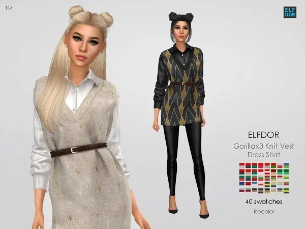 Alpha Gorillax3 Knit Vest Dress Shirt RC by elfdor - The Sims 4 Custom Content