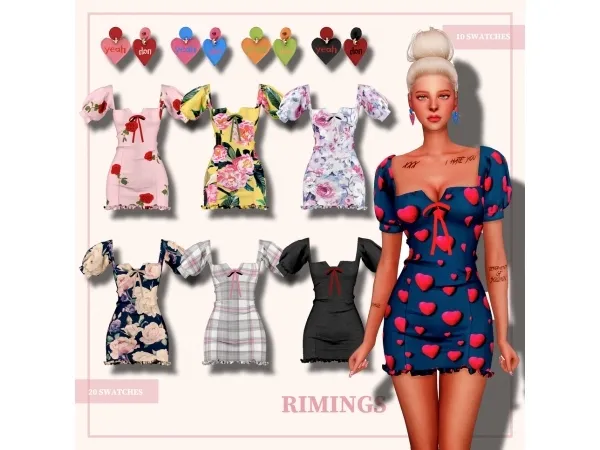 [RIMINGs] Floral Short-sleeved DR & Heart Earring