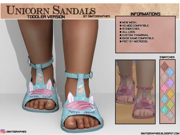 Alpha Unicorn Sandals (Toddler Version) by simtographies - The Sims 4 Custom Content