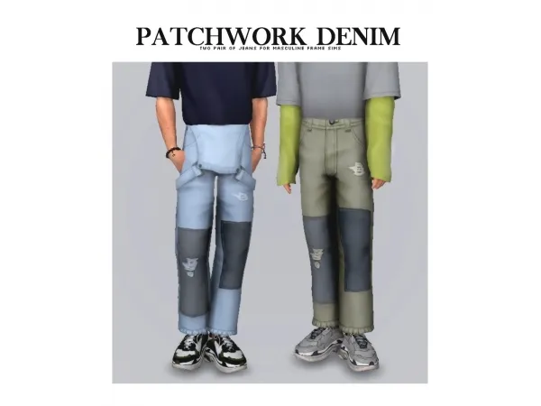 Maxis Match Patchwork Denim Jeans by nucrests - The Sims 4 Custom Content