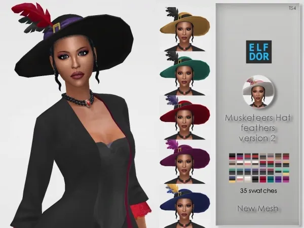 Maxis Match Lady Musketeer Hat with feathers V2 by elfdor - The Sims 4 Custom Content