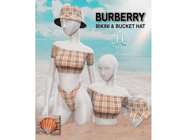 Alpha BURBERRY Bikini and Bucket Hat by simsfinds - The Sims 4 Custom Content