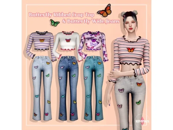Alpha [RIMINGS] Butterfly Ribbed Crop Top Butterfly Wide Jeans by simsfinds - The Sims 4 Custom Content
