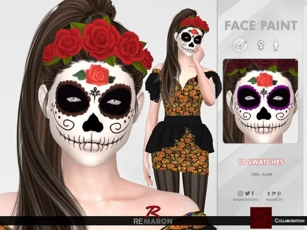 Alpha remaron's Halloween Mexican Skull Face Paint 01 Collab Viy Sims by thesimsresource - The Sims 4 Custom Content