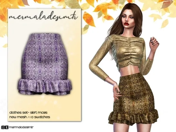Alpha mermaladesimtr's Snake Print Satin Frill Mini Skirt MC95 - The Sims 4 Custom Content