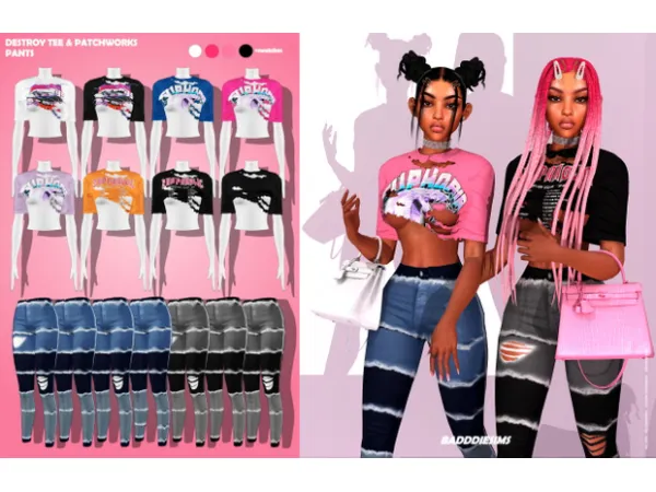 Alpha DESTROY TEE PATCHWORKS PANTS by BADDDIESIMS - The Sims 4 Custom Content