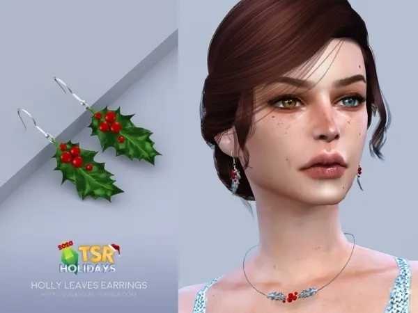 Alpha sugar owl's Holiday Wonderland Holly Leaves earrings - The Sims 4 Custom Content