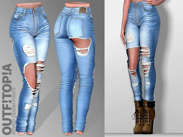Alpha Ripped Denim Pants by outfitopia - The Sims 4 Custom Content