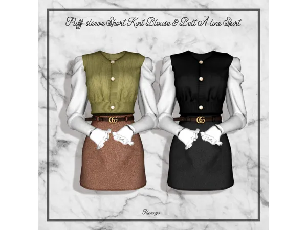 Alpha [RIMINGS] Puff sleeve Short Kint Blouse Belt A line Skirt by RIMINGS - The Sims 4 Custom Content