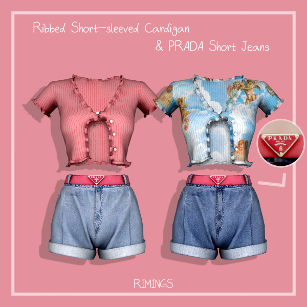 Alpha [RIMINGS] Ribbed Short sleeved Cardigan PRADA Short Jeans by simsfinds - The Sims 4 Custom Content