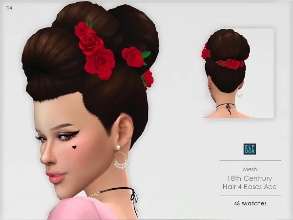 Maxis Match 18th Century Hair and Rose Headdress by elfdor - The Sims 4 custom content