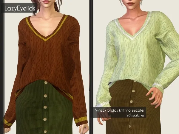 Alpha V neck braids knitting sweater by lazyeyelids - The Sims 4 Custom Content