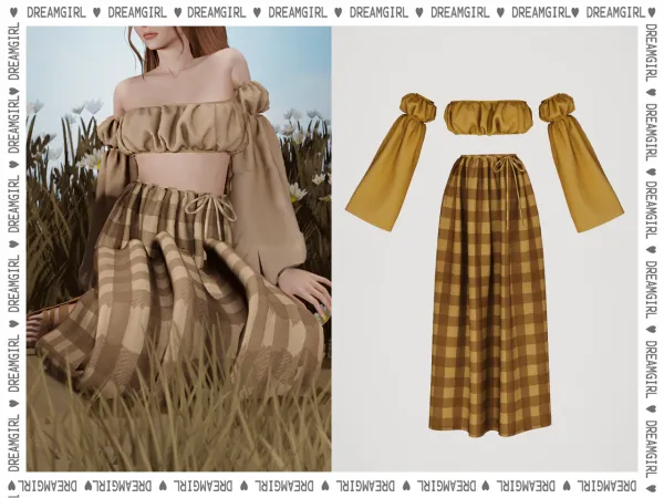 Alpha DREAMGIRL_OFF SHOULDER SCRUNCH TOP BOWTIE SKIRT by dreamgirl - The Sims 4 Custom Content