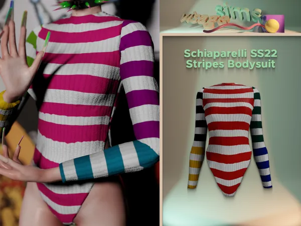 Alpha Schiaparelli SS22 Stripes Bodysuit by v1s4g3 - The Sims 4 custom content