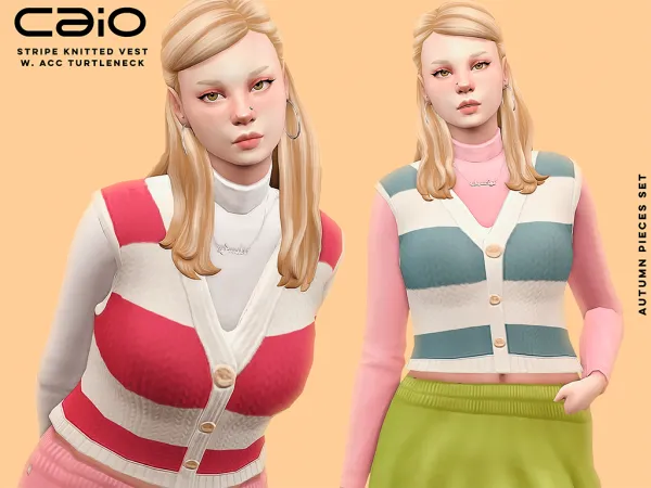 Maxis Match Stripe Knitted Vest (w acc turtleneck) by caio-cc - The Sims 4 Custom Content