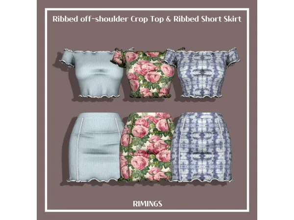Alpha [RIMINGS] Ribbed off shoulder Crop Top Short Skirt by simsfinds - The Sims 4 Custom Content