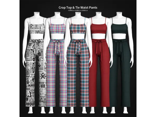 Alpha Crop Top Tie Waist Pants by gorillax3 - The Sims 4 Custom Content