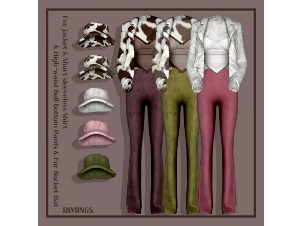 [RIMINGS] Fur jacket & Fur Hat & Bell bottom Pants