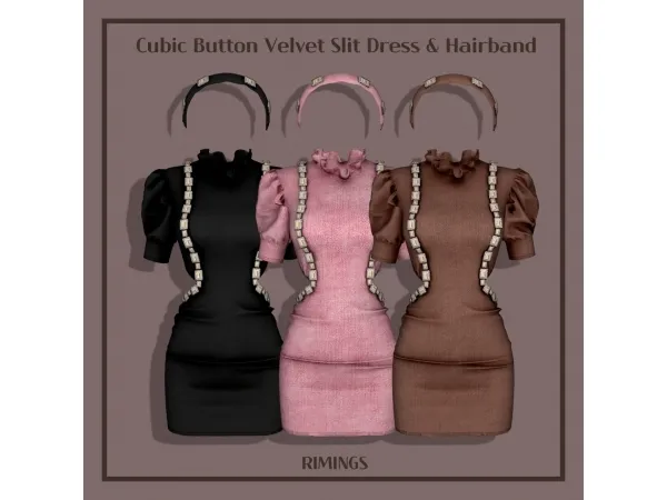 Alpha [RIMINGS] Cubic Button Velvet Slit Dress Hairband - The Sims 4 Custom Content