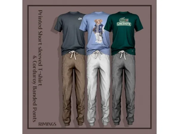 Alpha [RIMINGS] Printed Short sleeved T shirt Corduroy Banded Pants by simsfinds - The Sims 4 Custom Content