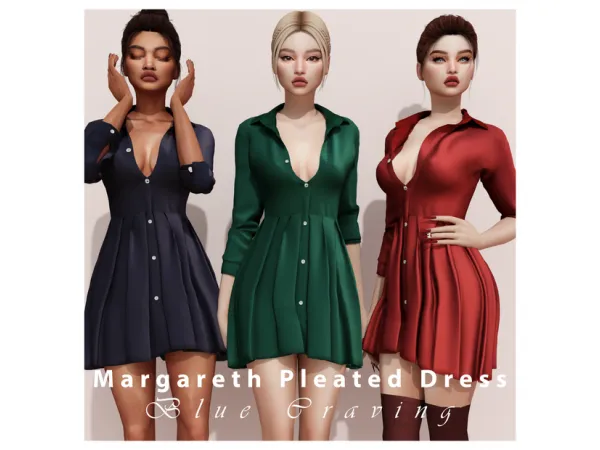 Alpha Blue Craving Margareth Pleated Dress by bluecraving - The Sims 4 Custom Content