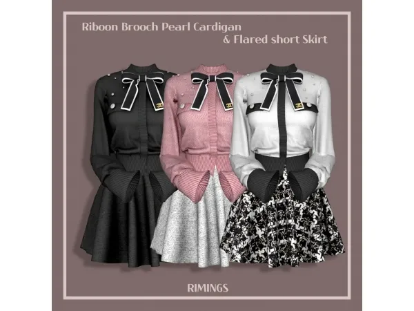 Alpha [RIMINGS] Riboon Brooch Pearl Cardigan Flared short Skirt - The Sims 4 Custom Content