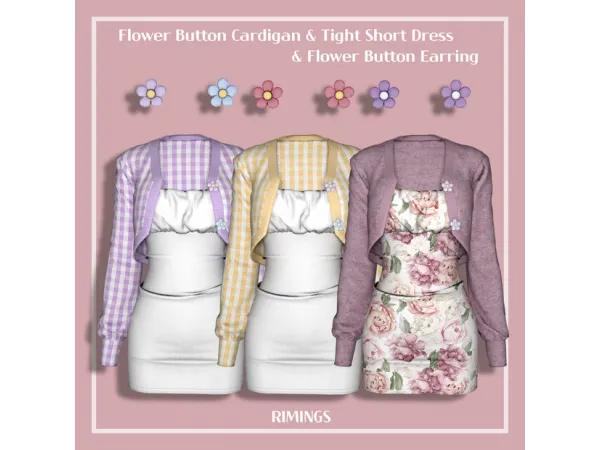 Alpha [RIMINGS] Flower Button Cardigan Tight Short Dress Flower Button Earring - The Sims 4 Custom Content