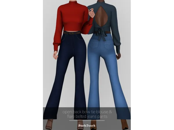 Alpha Open Back Bow Tie Blouse Flare Belted Jeans Pants by simsfinds - The Sims 4 Custom Content