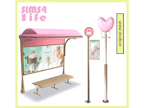 Alpha Fancy Bus stop and heart shaped street light by sims41ife - The Sims 4 Custom Content