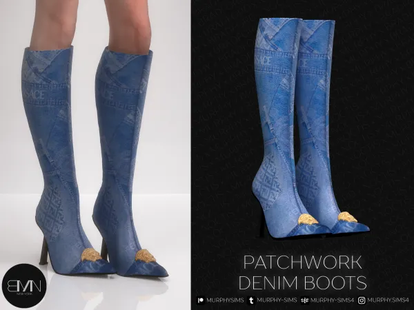 Alpha Denim Patchwork Boots by bradford - The Sims 4 Custom Content