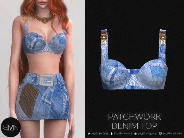 Alpha Denim Patchwork Top by bradford - The Sims 4 Custom Content