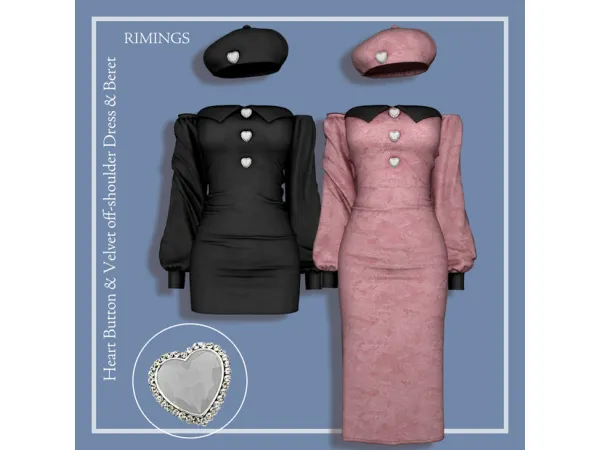 Alpha Heart Button Velvet off shoulder Dress Beret by simsfinds - The Sims 4 Custom Content