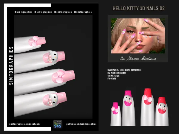 Mix Hello Kitty 3D Nails 02 by simtographies - The Sims 4 Custom Content