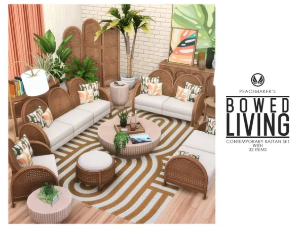 Maxis Match Bowed Living Contemporary Rattan Set with 32 Items by simsfinds - The Sims 4 Custom Content