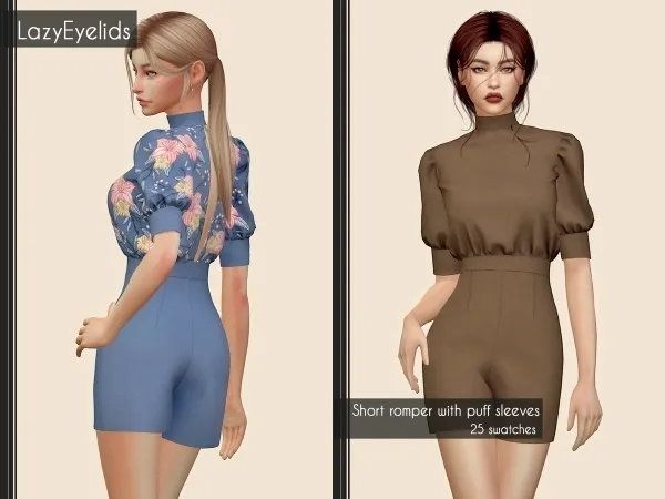 Alpha Short romper with puff sleeves by lazyeyelids - The Sims 4 Custom Content