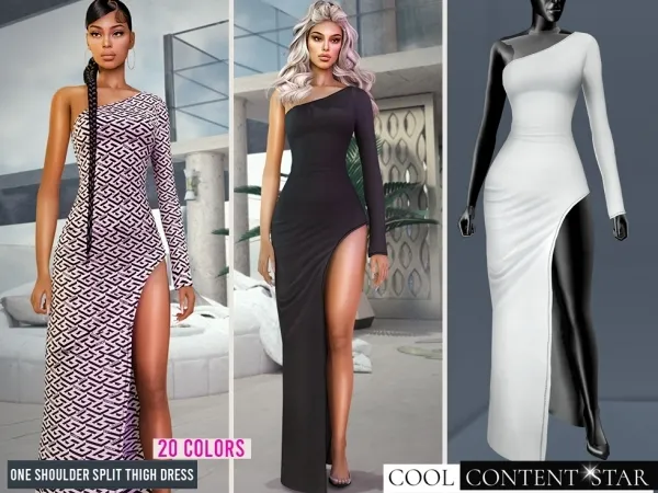 Alpha One Shoulder Split Thigh Dress by cool_content_star - The Sims 4 Custom Content