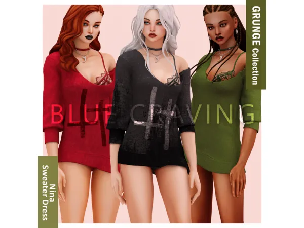 Alpha Blue Craving Nina Grunge Sweater Dress by bluecraving - The Sims 4 Custom Content