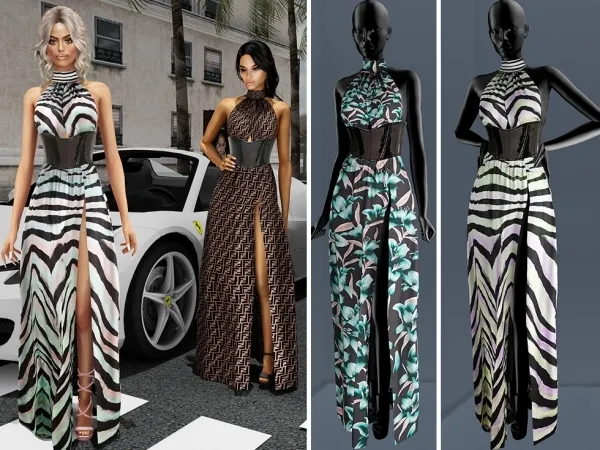 Alpha Printed Gown with Waist Belt cool_content_star by cool_content_star - The Sims 4 Custom Content